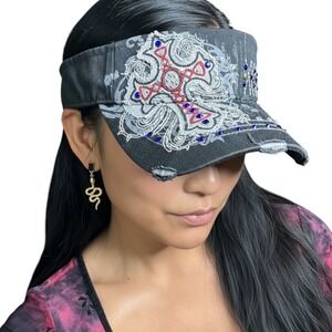 KBETHOS Vintage‎ Rhinestone Cross Visor Hat Black Distressed Y2K Biker Grunge